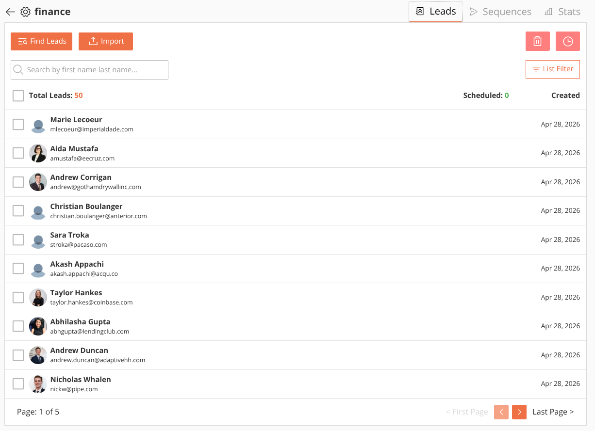 Review. Verified contacts with names, titles, emails, and avatars.