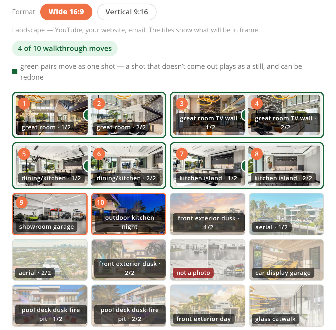 The Brokerloop photo picker, with a listing’s photos labeled by room and ordered for a walkthrough