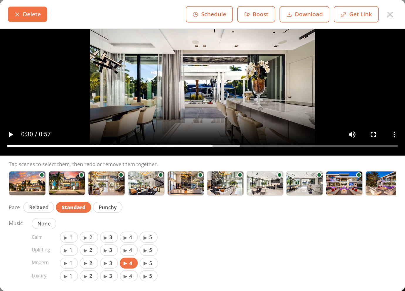 A finished listing video in Brokerloop, with scene editing, pace and music controls