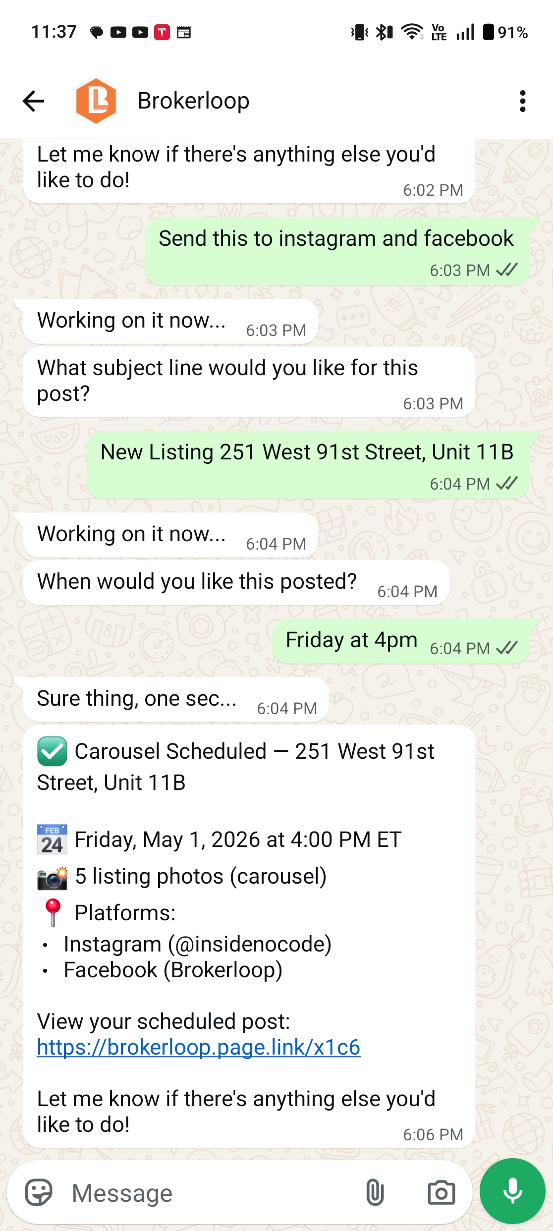 WhatsApp conversation: agent asks Max to schedule a carousel post to Instagram and Facebook for Friday at 4 PM, Max confirms with a scheduled-post card.