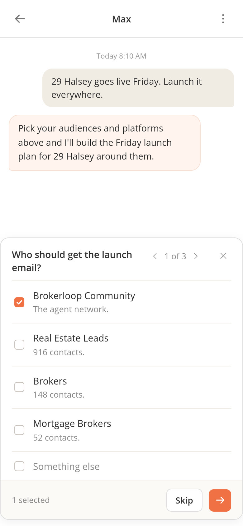 Max chat on a phone: the 29 Halsey launch request and a question card asking who should get the launch email