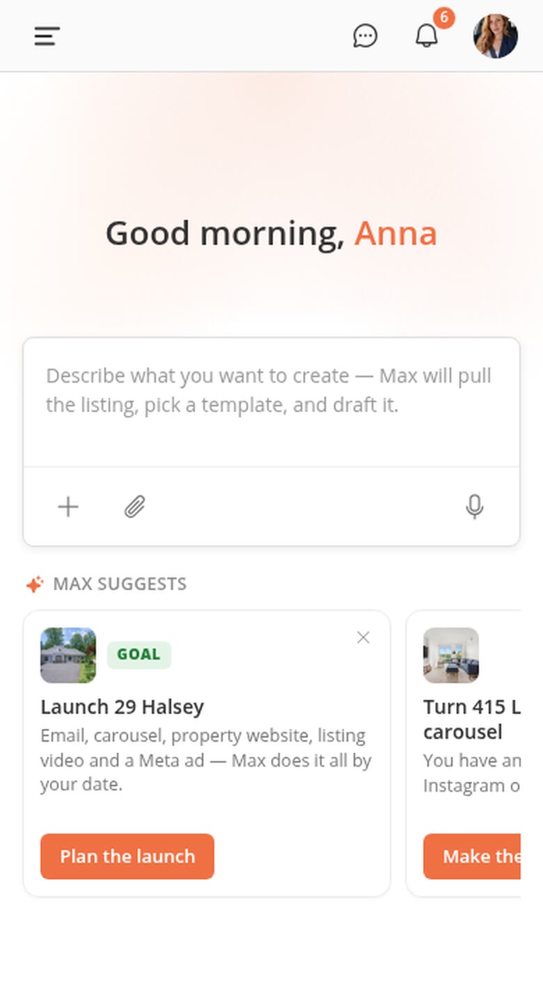 Brokerloop on a phone: Good morning, Anna, with Max suggesting Launch 29 Halsey