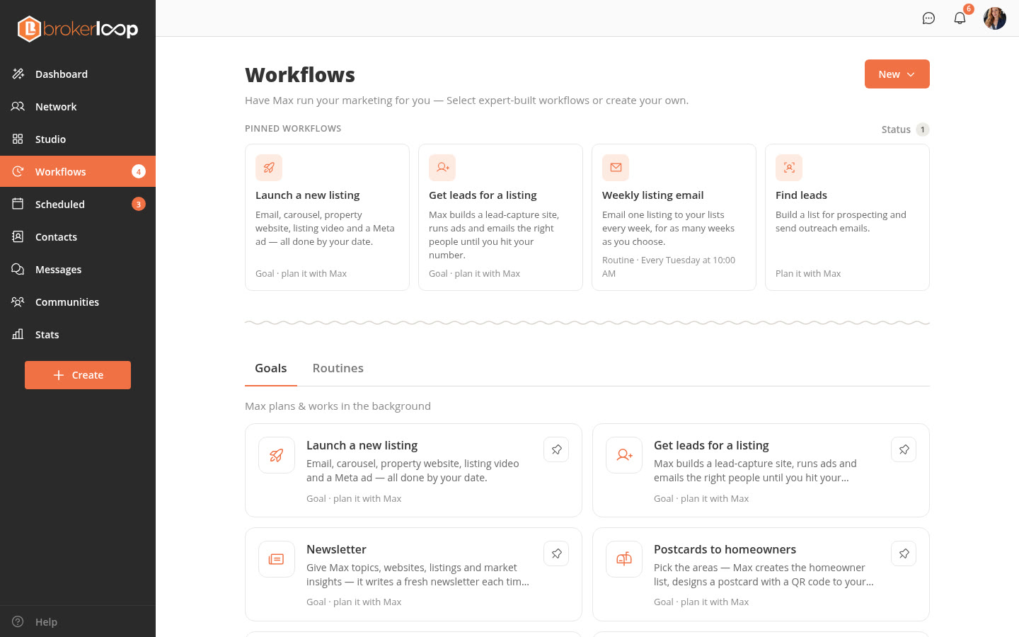 Brokerloop Workflows page with pinned workflows and the Goals list